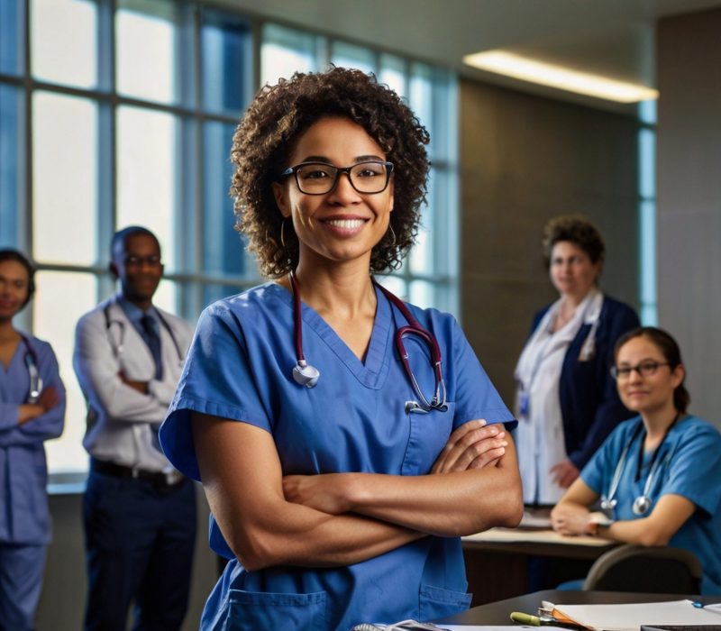 woman-blue-scrubs-stands-front-table-with-other-medical-staff