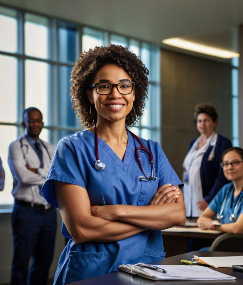 woman-blue-scrubs-stands-front-table-with-other-medical-staff